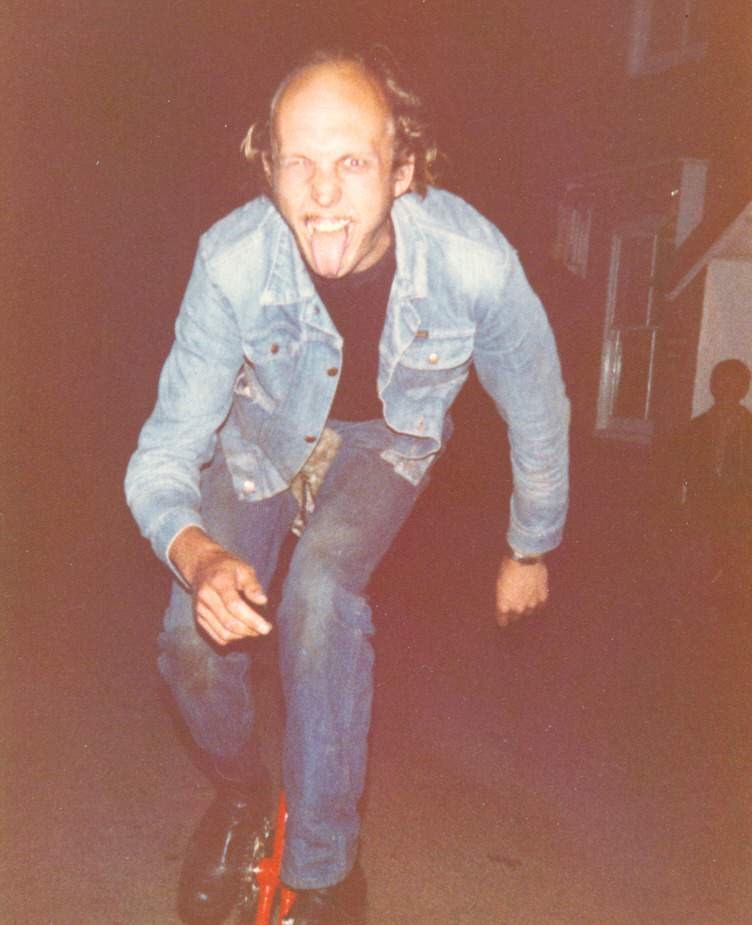 Paul (Brian Less) on Uni-cycle outside The Cricket Inn, Beesands - 1981