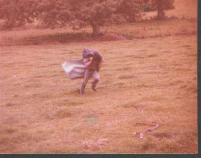 Andy (Pippin) drying sleeping bag Devon Aug Bank Holiday 79