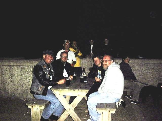 Dave, Steve, Paul, Wayne, Martin, Malcolm and Liz......Liz's kids sitting on the wall, Beesands 2000