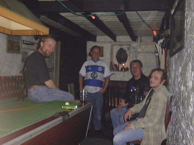 Pippin, Paul, Dave and Blob at The Pigs Nose, East Prawle after Wishbone Ash gig in 2002