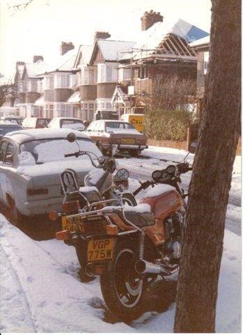 Snow on my CB750 & Little Pete's CX500 Custom (c.1986-7)